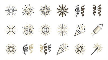 minimal festival fireworks and streamers icon set ideal for branding packaging and stationery design isolated on white background