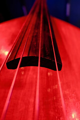 Close-Up of Double Bass Strings with Red and Blue Dramatic Lighting
