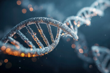 Detailed 3d rendering of a molecular dna strand illuminated with glowing particles, symbolizing genetic research and biotechnology advancements in science.