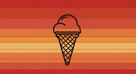 Simplified graphic of ice cream cone against a gradient orange striped background