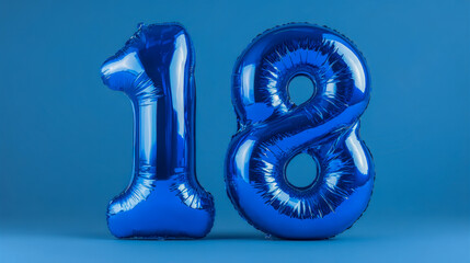 Shiny metallic blue balloons shaped as the number eighteen standing against a smooth blue background symbolizing milestone celebrations and special occasions