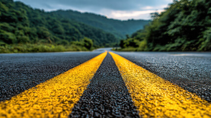 Scenic empty asphalt road with vibrant yellow double lines stretching through lush green forested hills under cloudy sky at dawn or dusk hours