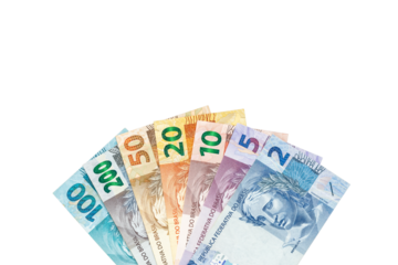 Brazil money. All Brazilian currency banknotes, reais, arranged in a fan on a transparent background. Financial business concept. Flat lay. Financial background