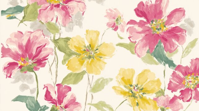 Vibrant Floral Tapestry: An overhead perspective unveils a stunning arrangement of radiant pink and yellow blossoms. The artwork showcases their delicate petals, vivid hues, and subtle green foliage.