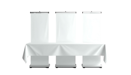 Three blank, vertical promotional banners on a table covered by a white, draped tablecloth. The presentation is viewed from above