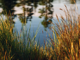Golden and green grasses gently waving by the serene lake reflecting a soft sky and trees in the calm natural landscape during late afternoon light