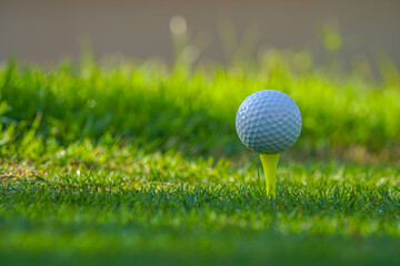 Golf ball on tee ready to play in a beautiful golf course.
