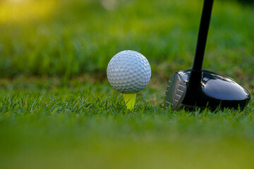 Golf club and golf ball on tee close up in grass field with morning sunshine.