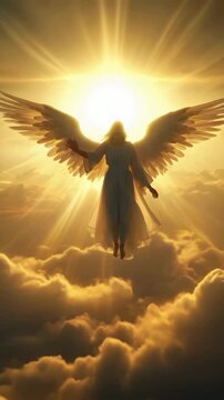 Heavenly angel rising through golden light above the clouds, divine rays shining from behind, spiritual symbolism, celestial being in flight, ethereal presence in sky, hope, peace, and light