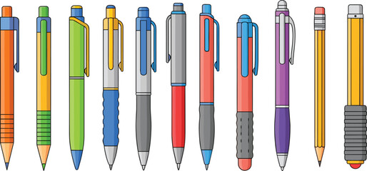 Cartoon-style writing instruments including pencils, pens, mechanical pencils, colorful school supplies, stationery collection, vector illustration, isolated on white