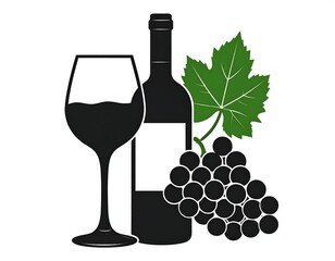 Simplified illustration of a wine bottle, glass, grapes, and leaf in monochrome colors