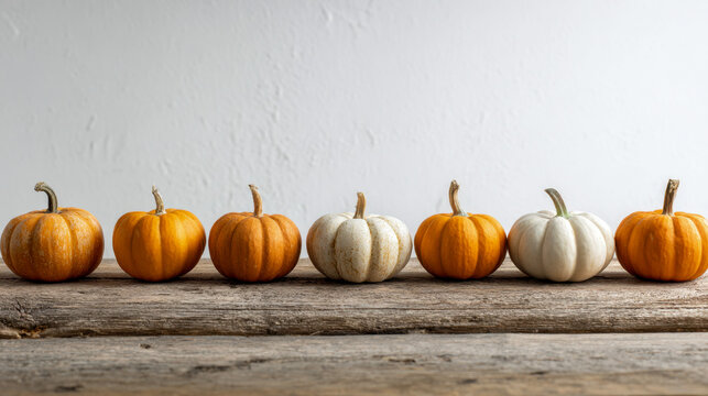Seven small decorative pumpkins in alternating orange and white colors arranged in a row on rustic wooden surface against a plain white textured wall background - Powered by Adobe
