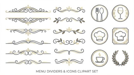 elegant restaurant menu dividers and icons clipart set perfect for posters social media graphics and web use isolated on white background