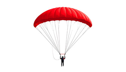 A vibrant red parachute is isolated against a stark black background. Delicate suspension lines are meticulously rendered, giving a realistic effect