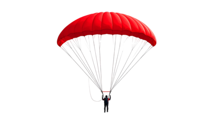 A vibrant red parachute is isolated against a stark black background. Delicate suspension lines are meticulously rendered, giving a realistic effect