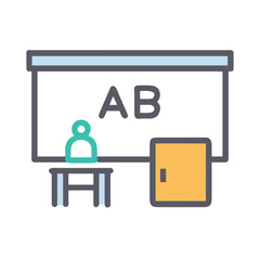 Illustration of classroom with desk, student, door, and blackboard for educational design
