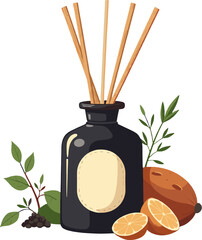 Aromatic reed diffuser with essential oils and botanical elements, cozy home fragrance illustration isolated on white background