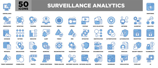 Surveillance Analytics Outline Blue White Icon Set