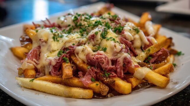 Loaded french fries with corned beef and cheese