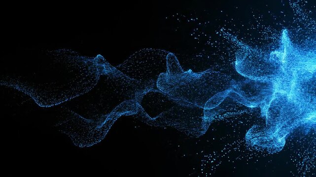 Rapidly shifting abstract blue particle field transferring kinetic energy across a seamless looping black canvas momentum, innovation, technological