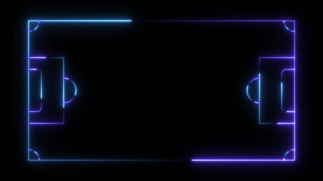 Animation of neon sports stadium on black background. neon lights match football isometric field video animation, Glowing neon red lights match future football isometric field video animation