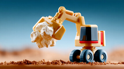 Miniature excavator toy digging in sandy terrain, showcasing playful construction activity