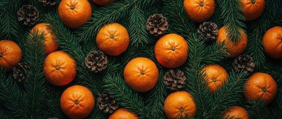 Fresh Mandarin Oranges and Pine Cones on Green Christmas Tree Branches