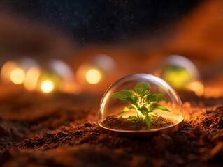 Small plant grows inside transparent dome, symbolizing sustainable living and innovation