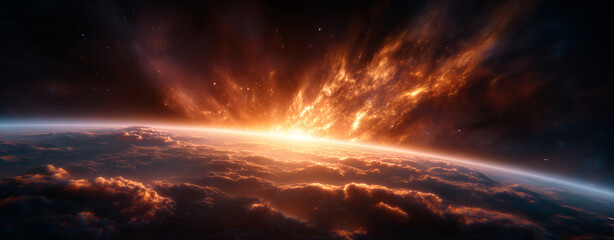 Stunning view of cosmic explosion illuminating horizon above cloud covered planet, evoking awe