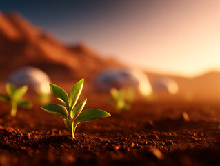 Small green plant grows in Martian soil, symbolizing sustainable living on Mars