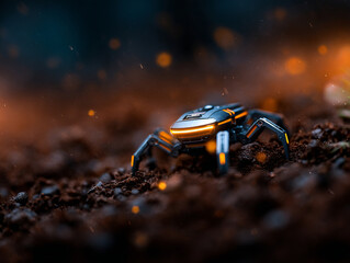 Robotic spider exploring alien terrain with glowing features and intricate details