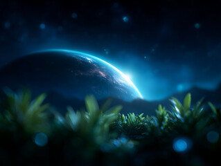 Distant world glows in night sky, surrounded by lush greenery and mountains