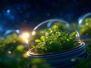 Greenhouses with plants under domes, showcasing innovative agricultural technology in space