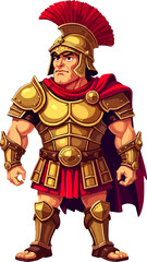 Obraz premium Powerful Roman soldier illustration wearing detailed golden armor, red cloak and traditional helmet, ideal for historical artworks, ancient civilization themes, educational materials