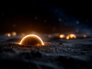 Glowing orbs on dark surface create mysterious atmosphere, evoking interplanetary exploration