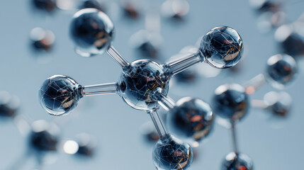 Detailed 3d rendering of molecular structures showcasing interconnected atoms with reflective surfaces and complex networks against a soft blue background in scienti