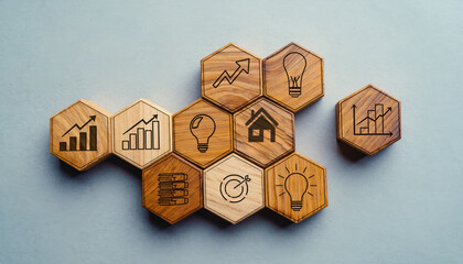 Fototapeta premium Arrangement of wooden hexagon blocks featuring icons for growth, ideas, success, home, and target concepts. Clean minimal business visualization suitable for strategy and planning themes.