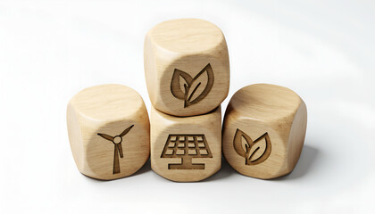 Wooden blocks arranged in a grid with icons of leaves, recycling symbols, solar energy, and wind turbines. Clean eco-friendly design highlighting sustainability and green energy concepts.