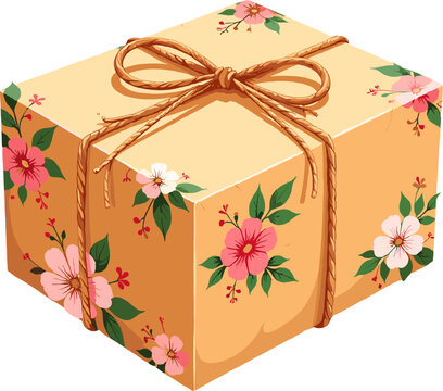 Charming floral gift box illustration decorated with pink blossoms and tied with a rustic string bow, ideal for celebration designs, greeting cards, packaging visuals, birthday themes