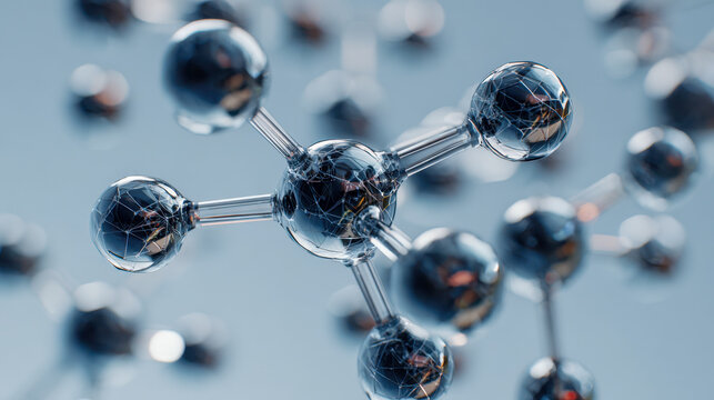 Detailed 3d rendering of molecular structures showcasing interconnected atoms with reflective surfaces and complex networks against a soft blue background in scienti