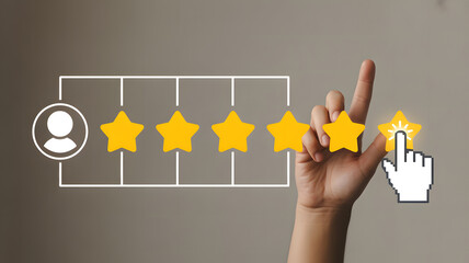 Five‑star feedback selection on digital interface with user icons and glowing highest rating pointer
