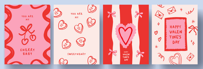 Obraz premium Creative concept of Happy Valentines Day cards in trendy hand drawn doodle style with frames, sweet hearts, cherries, bows and love letters. Template for ads, branding, banner, cover, label, poster.