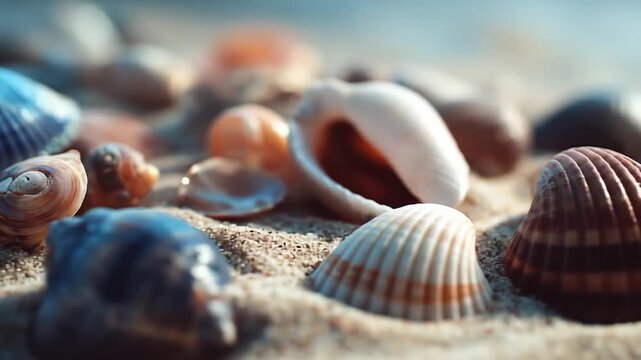 Close up of seashells on sand with soft lighting and natural textures