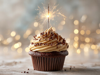 Chocolate cupcake with creamy frosting topped with chocolate sprinkles and a sparkling candle celebrating a special occasion with festive bokeh lights in background