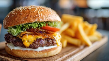 Enjoy a tasty cheeseburger stacked with lettuce tomato and crunchy onions alongside golden fries.