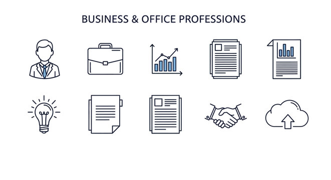 Set of business and office profession icons depicting teamwork, planning, and corporate tasks for corporate imagery.