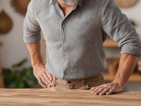 Close-up of an older man leaning forward with hands on a wooden table, capturing tension, effort, and physical strain within a warm natural indoor environment