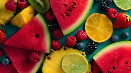 Colorful fruit poster with watermelon slices, pineapple rings and berry cluster arrangement 