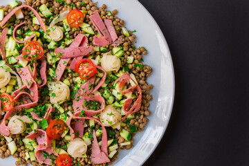 Hearty Mediterranean Lentil Salad with Sliced Smoked Meat, Cherry Tomatoes, Cucumbers, and Onions