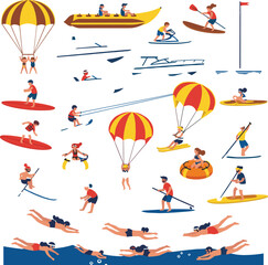 Seamless Flat Design Vector Pattern of People Enjoying Beach Activities, Including Swimming, Volleyball, Sunbathing, and Surfing, Ideal for Summer Backgrounds and Prints.